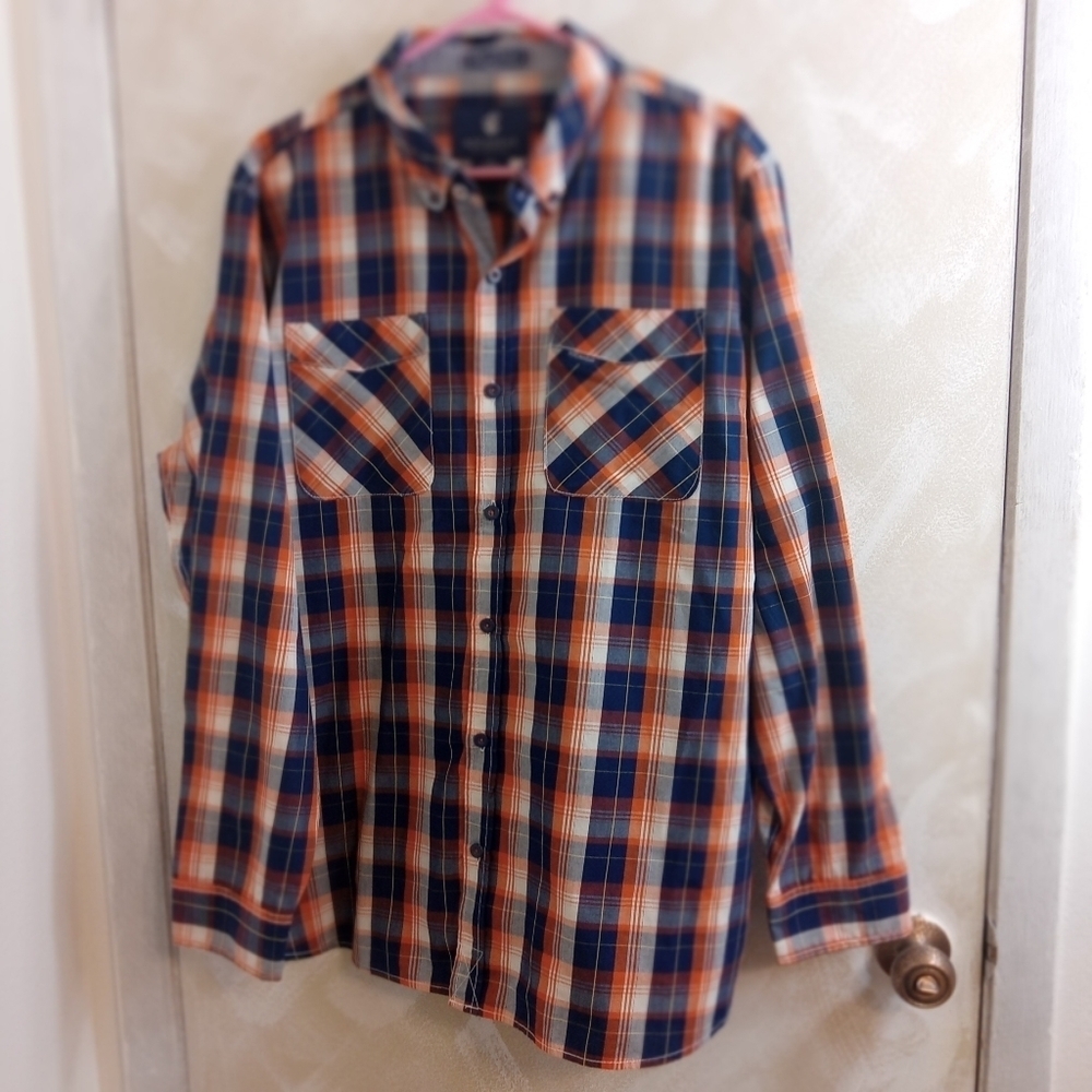 2X Rocawear Button Up Long Sleeve Orange Blue White Plaid